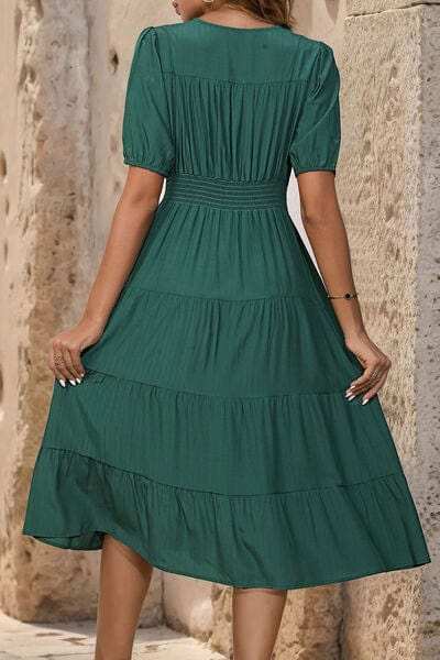 V-Neck Button Up Balloon Sleeve Midi Dress - Trendsi - Flyclothing LLC