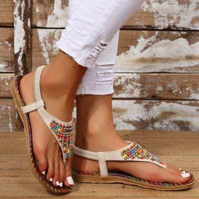 Beaded PU Leather Open Toe Sandals - Trendsi - Flyclothing LLC