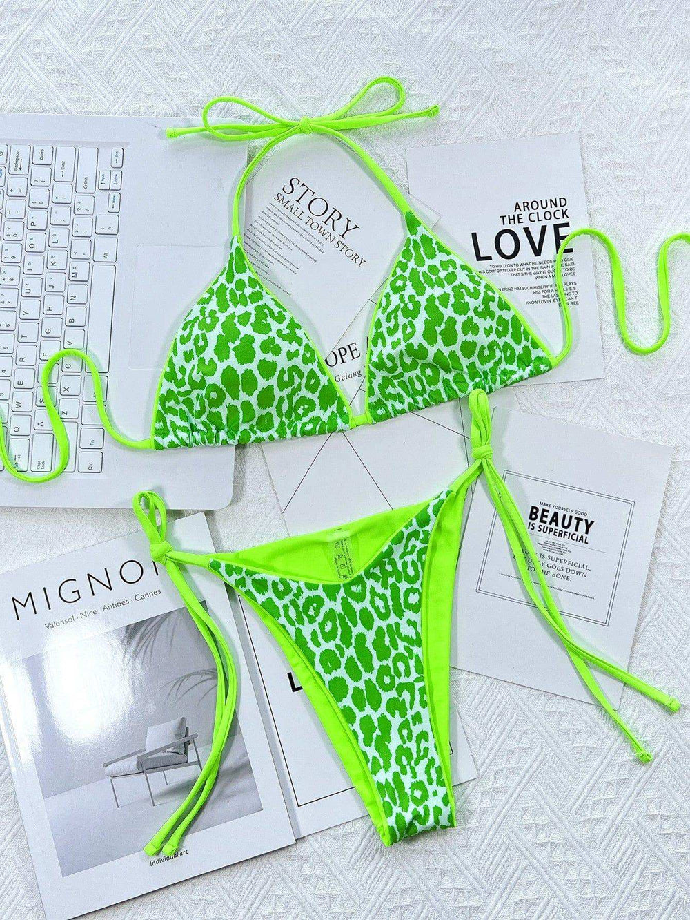 Leopard Print Halter Neck Tie Side Bikini Set - Trendsi - Flyclothing LLC
