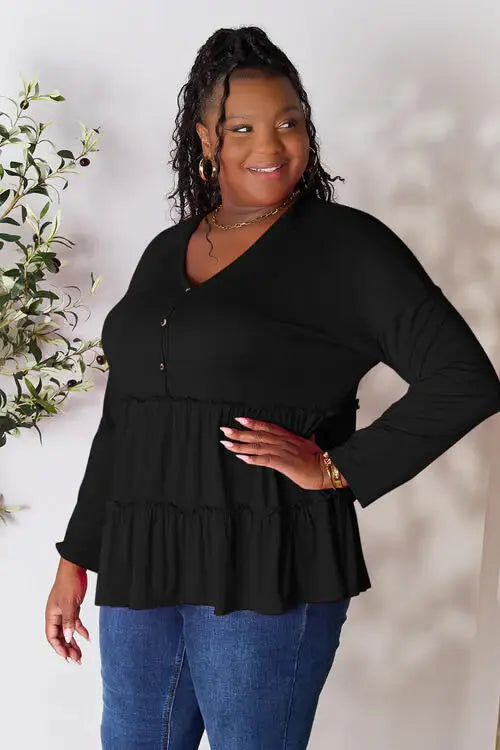 Double Take Half Button Long Sleeve Ruffle Hem Blouse - Trendsi - Flyclothing LLC