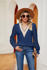 Contrast V-Neck Long Sleeve Blouse - Trendsi