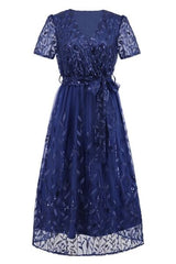 Sequin Leaf Embroidery Tie Front Short Sleeve Dress - Trendsi