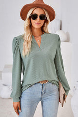 Ruched Notched Long Sleeve T-Shirt - Trendsi - Flyclothing LLC