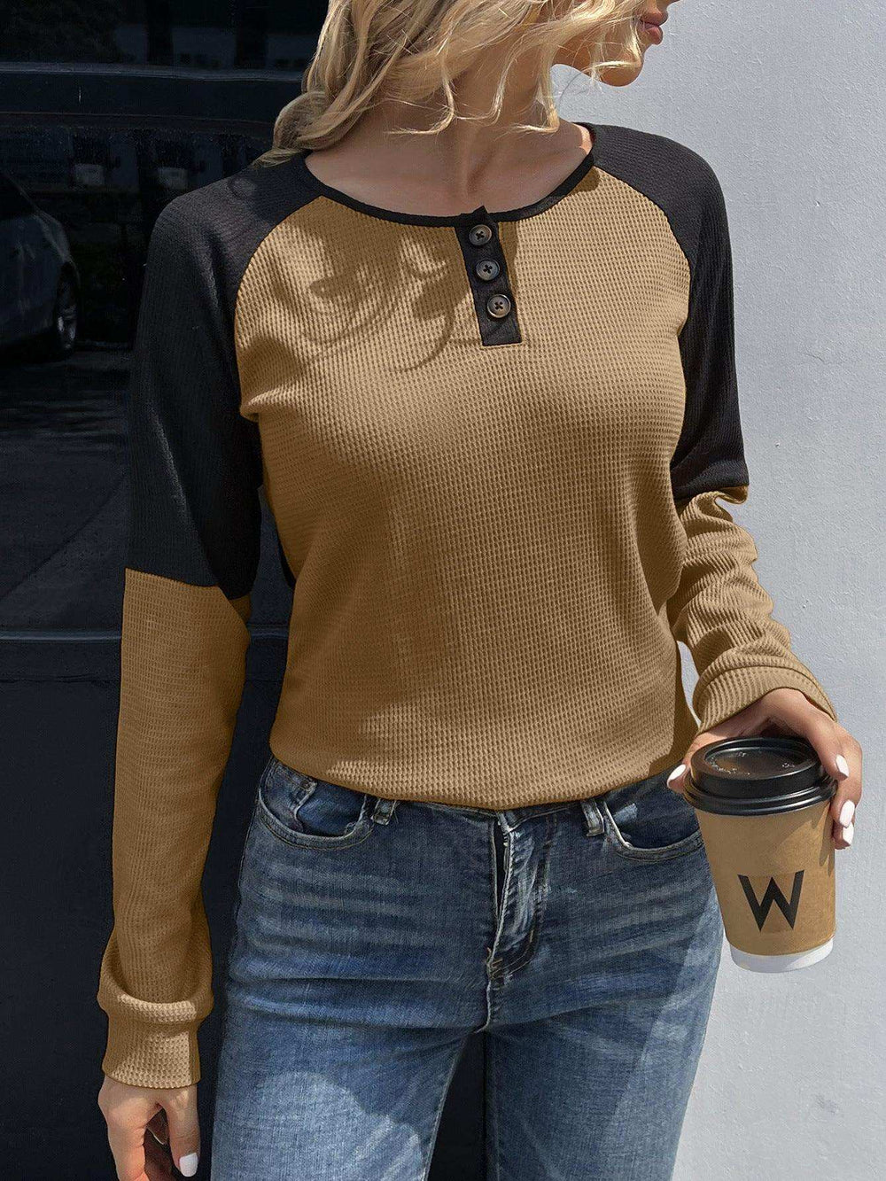 Contrast Buttoned Round Neck Raglan Sleeve Top - Trendsi - Flyclothing LLC