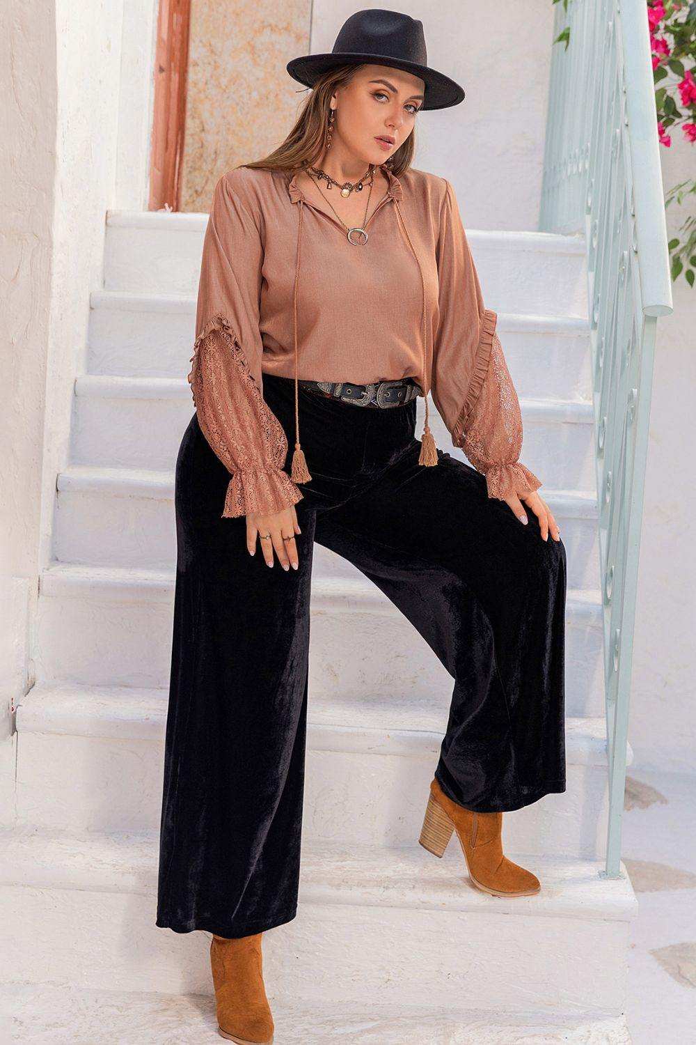 Plus Size Tie Neck Flounce Sleeve Blouse - Trendsi - Flyclothing LLC