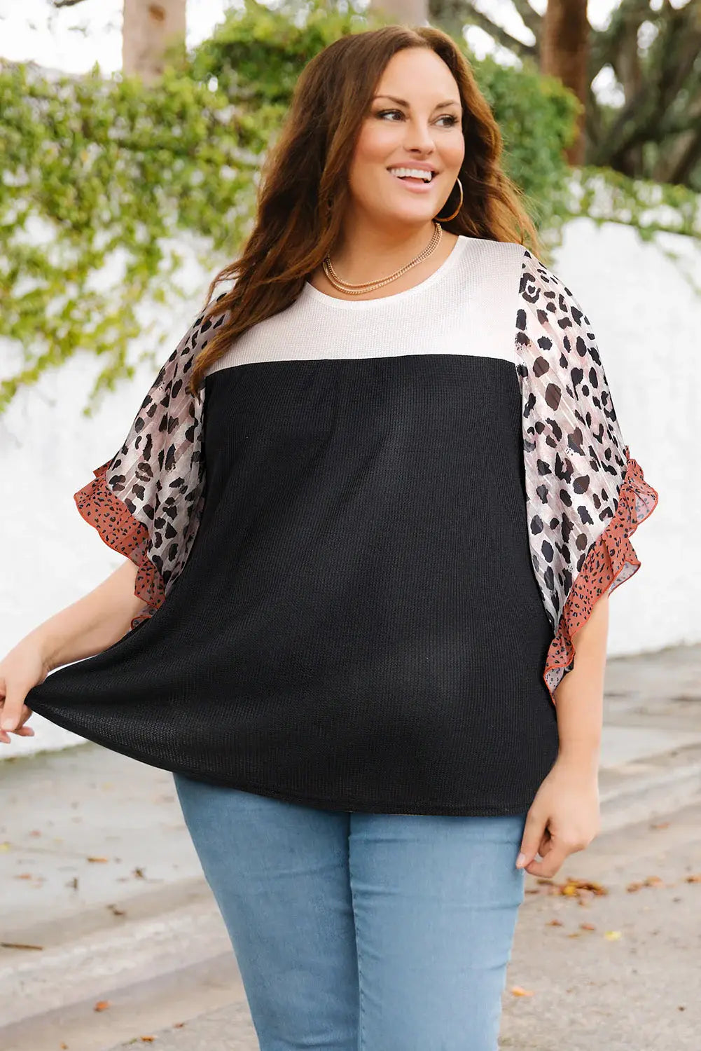 Plus Size Printed Color Block Ruffled Blouse - Trendsi - Flyclothing LLC