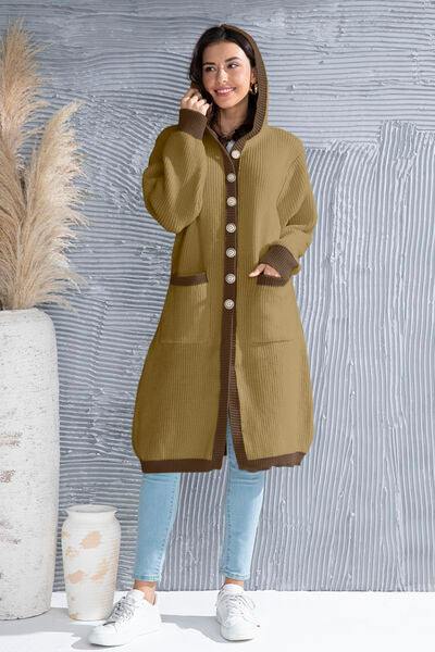 Button Up Contrast Trim Hooded Cardigan - Trendsi