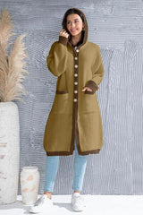 Button Up Contrast Trim Hooded Cardigan - Trendsi