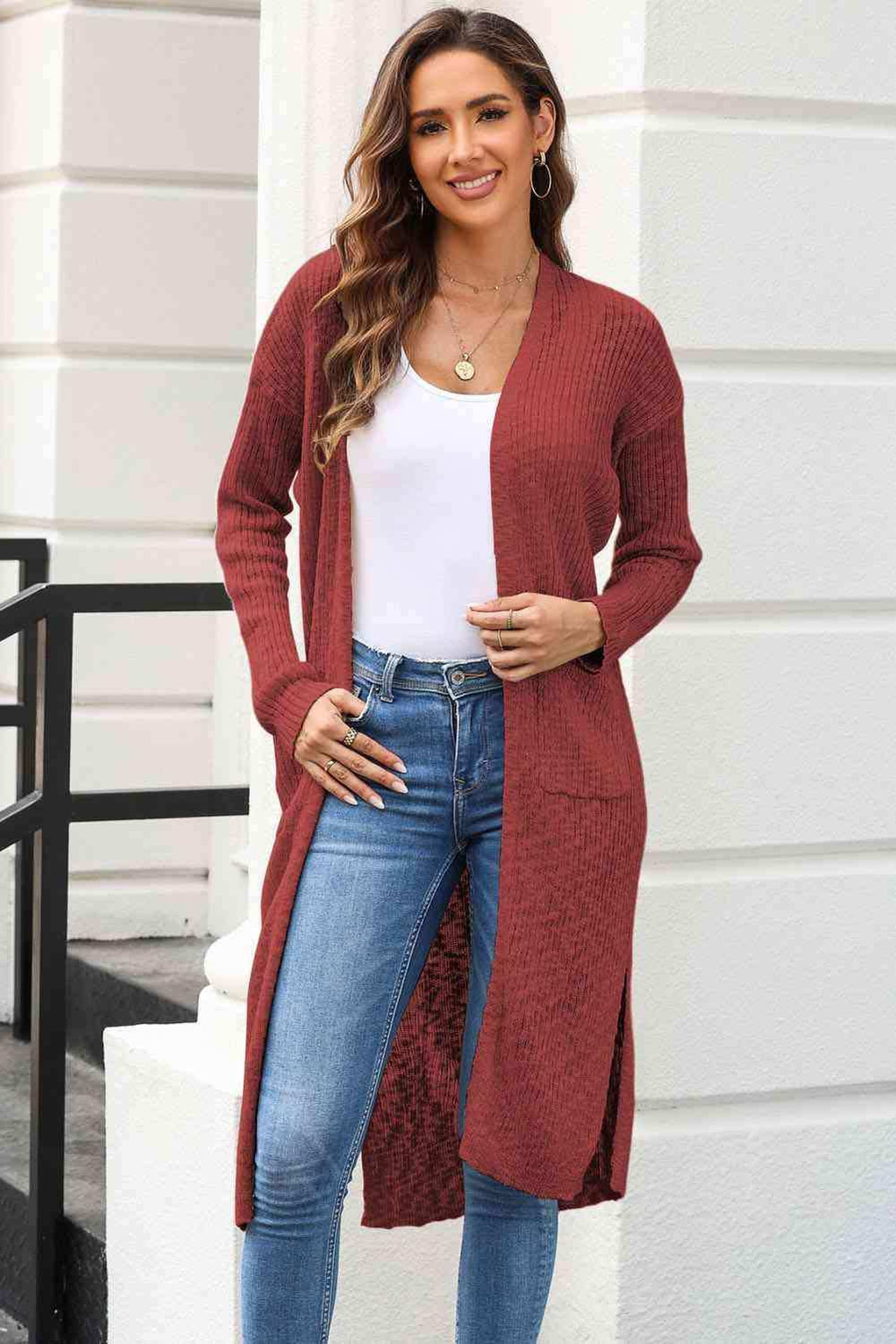 Open Front Slit Cardigan with Pockets - Trendsi - Flyclothing LLC