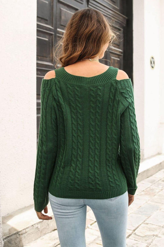 Cold Shoulder V-Neck Cable-Knit Pullover Sweater - Trendsi