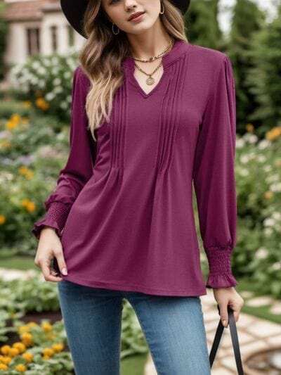Notched Smocked Flounce Sleeve Blouse - Trendsi - Flyclothing LLC