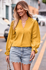 Swiss Dot Notched Neck Flounce Sleeve Blouse - Trendsi - Flyclothing LLC