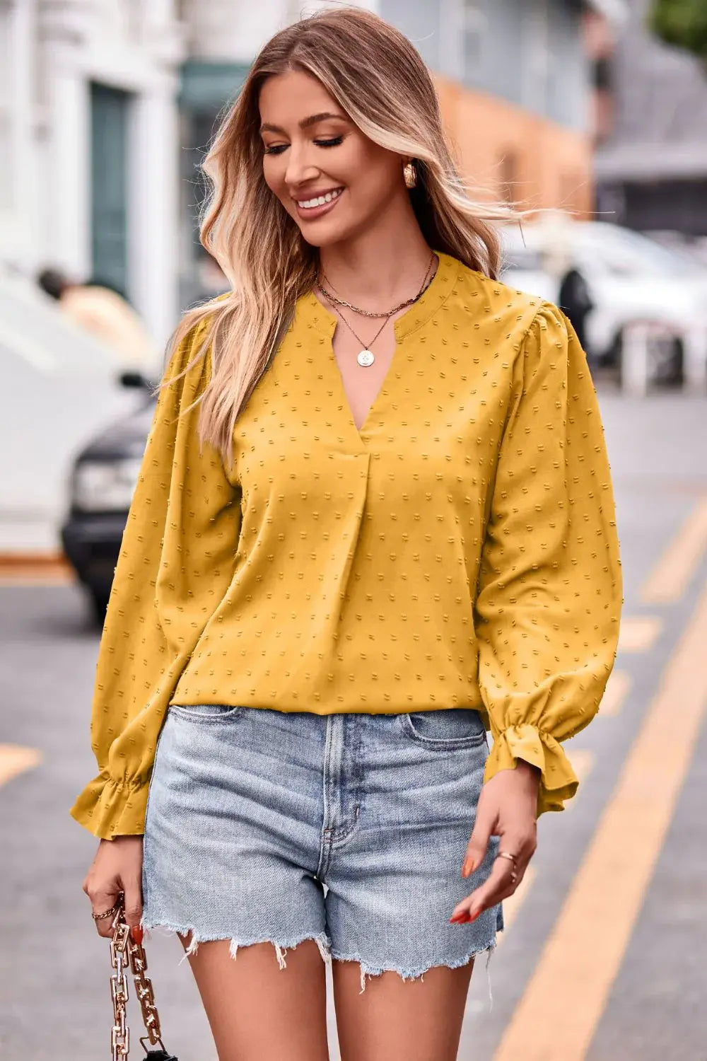 Swiss Dot Notched Neck Flounce Sleeve Blouse - Trendsi - Flyclothing LLC