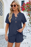 Notched Button Detail Dropped Shoulder Top and Shorts Set - Trendsi - Flyclothing LLC