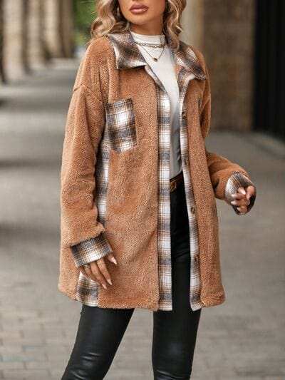 Plaid Contrast Dropped Shoulder Coat - Trendsi - Flyclothing LLC