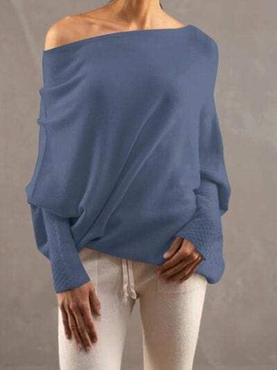Full Size Boat Neck Batwing Sleeve Knit Top - Trendsi - Flyclothing LLC