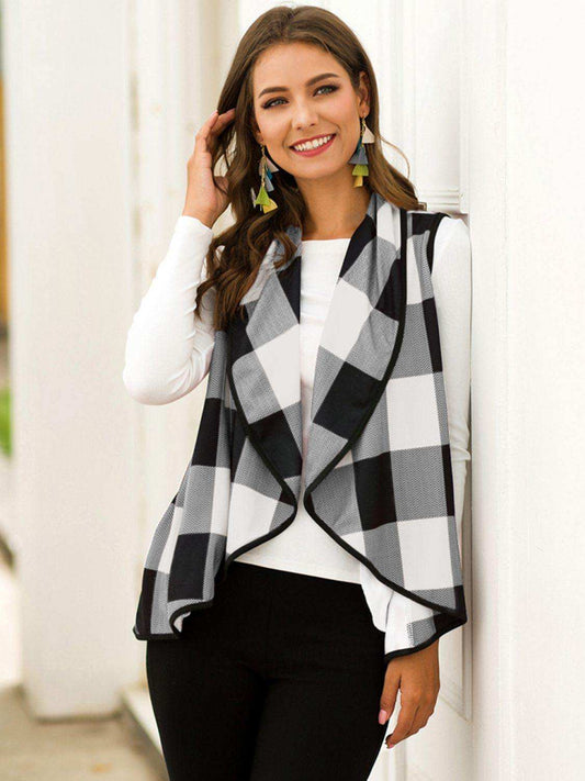 Plaid Open Front Sleeveless Cardigan - Trendsi - Flyclothing LLC