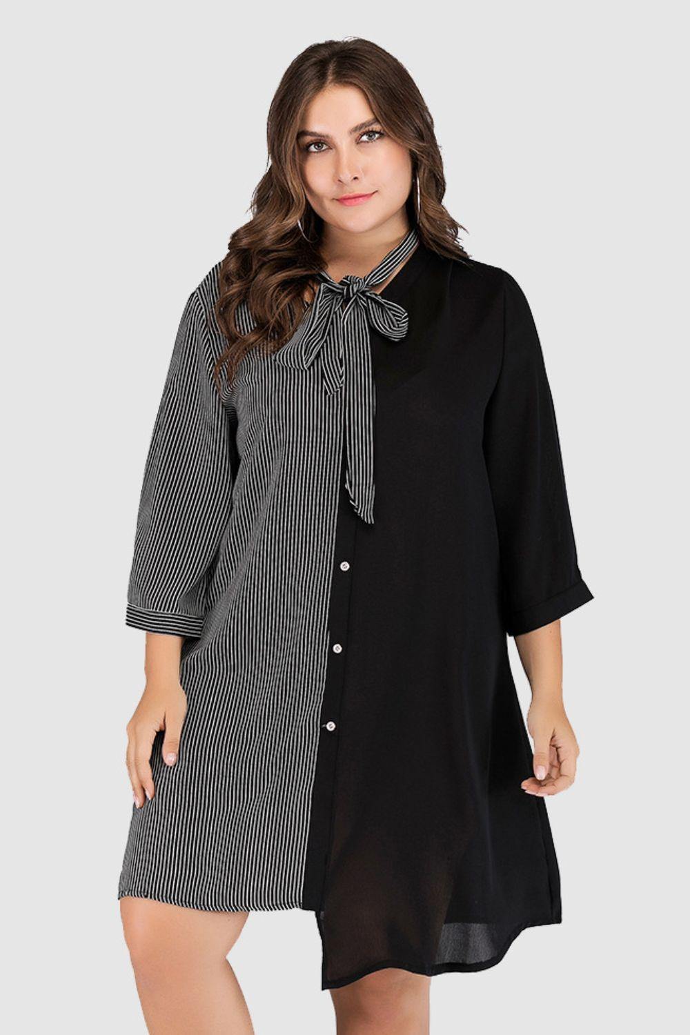 Plus Size Striped Color Block Tie-Neck Dress - Trendsi