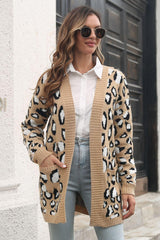 Leopard Open Front Cardigan with Pockets - Trendsi