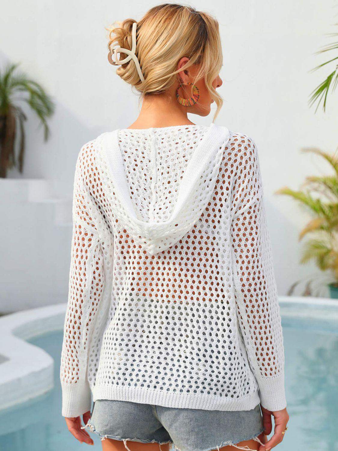Flower Graphic Lace-Up Openwork Hooded Cover Up - Trendsi - Flyclothing LLC