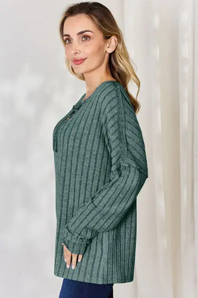 Basic Bae Full Size Ribbed Half Button Long Sleeve T-Shirt - Trendsi - Flyclothing LLC