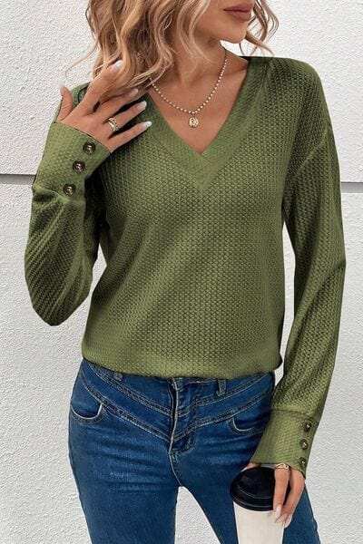 Decorative Button V-Neck Long Sleeve T-Shirt - Trendsi - Flyclothing LLC
