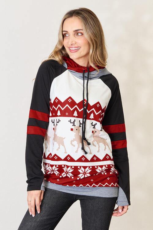 Double Take Full Size Christmas Drawstring Long Sleeve Hoodie - Trendsi