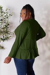 Double Take Half Button Long Sleeve Ruffle Hem Blouse - Trendsi - Flyclothing LLC