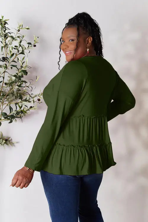 Double Take Half Button Long Sleeve Ruffle Hem Blouse - Trendsi - Flyclothing LLC