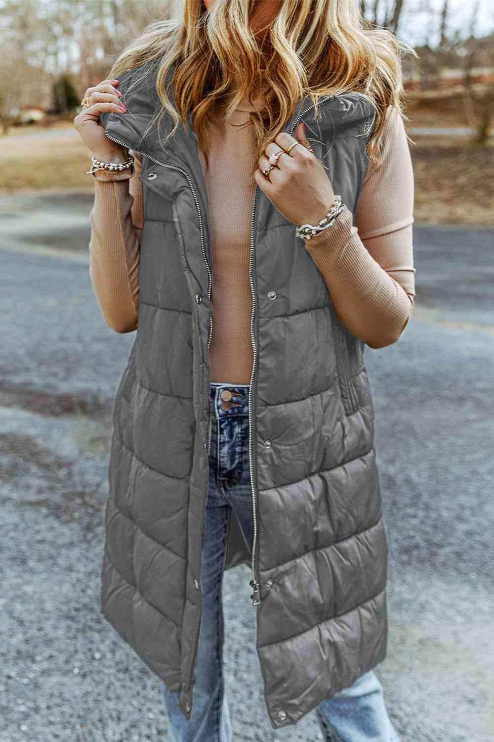 Longline Hooded Sleeveless Puffer Vest - Trendsi - Flyclothing LLC