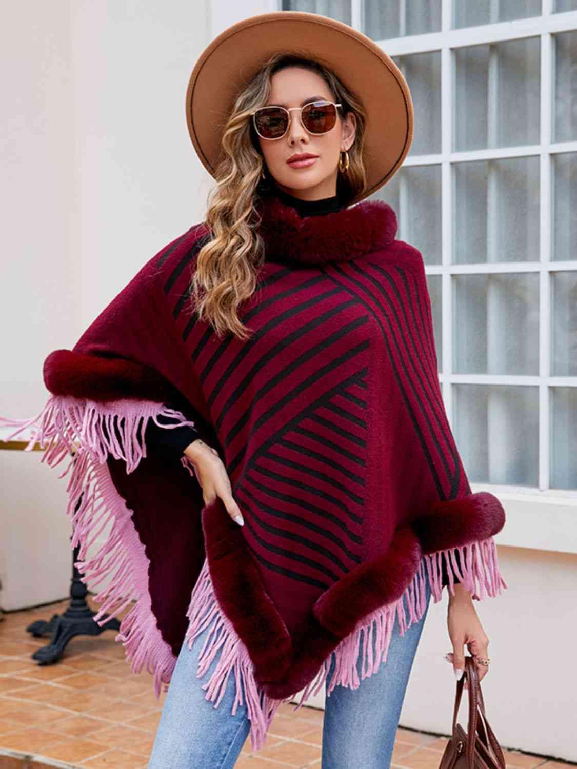 Striped Fringe Hem Poncho - Trendsi