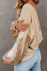 Sequin Waffle-Knit Blouse - Trendsi - Flyclothing LLC