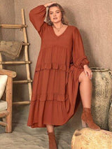 Plus Size Ruffled V-Neck Balloon Sleeve Dress - Trendsi - Flyclothing LLC