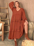 Plus Size Ruffled V-Neck Balloon Sleeve Dress - Trendsi - Flyclothing LLC