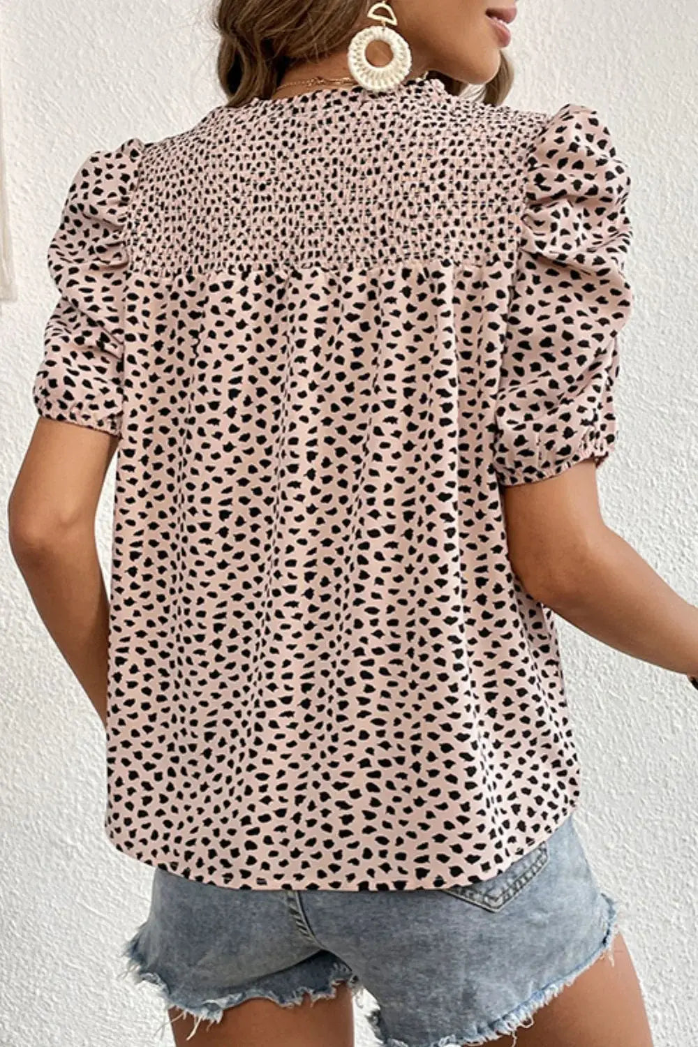 Printed Smocked Puff Sleeve Blouse - Trendsi - Flyclothing LLC