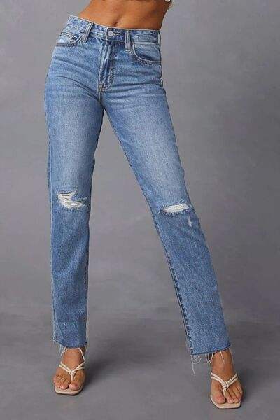Distressed Raw Hem Straight Jeans with Pockets - Trendsi - Flyclothing LLC