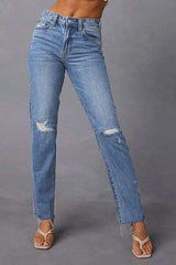 Distressed Raw Hem Straight Jeans with Pockets - Trendsi - Flyclothing LLC