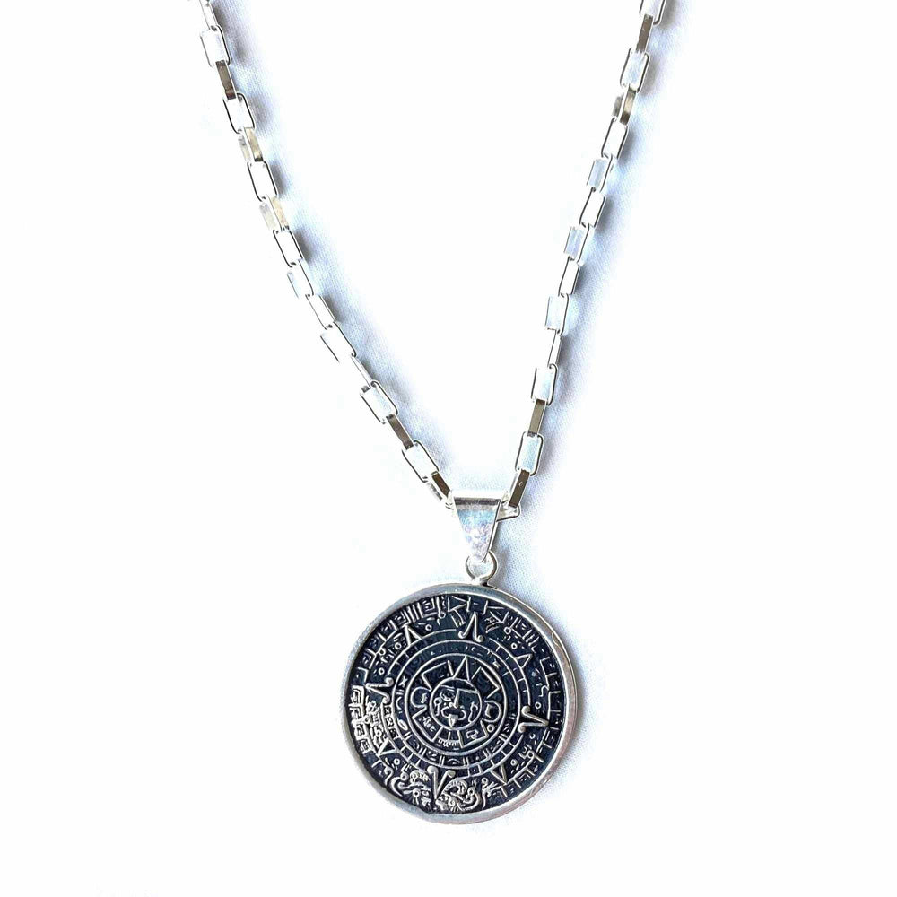 Alpaca Silver Aztec Calendar Pendant with Chain - Artisana - Flyclothing LLC