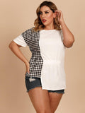 Plus Size Gingham Color Block Asymmetrical T-Shirt - Trendsi