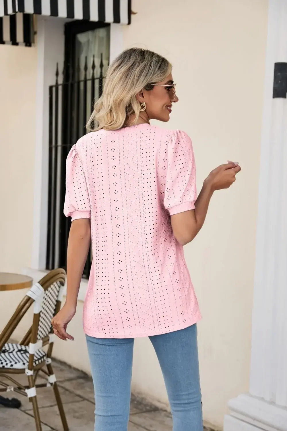 Eyelet Puff Sleeve V-Neck Top - Trendsi - Flyclothing LLC