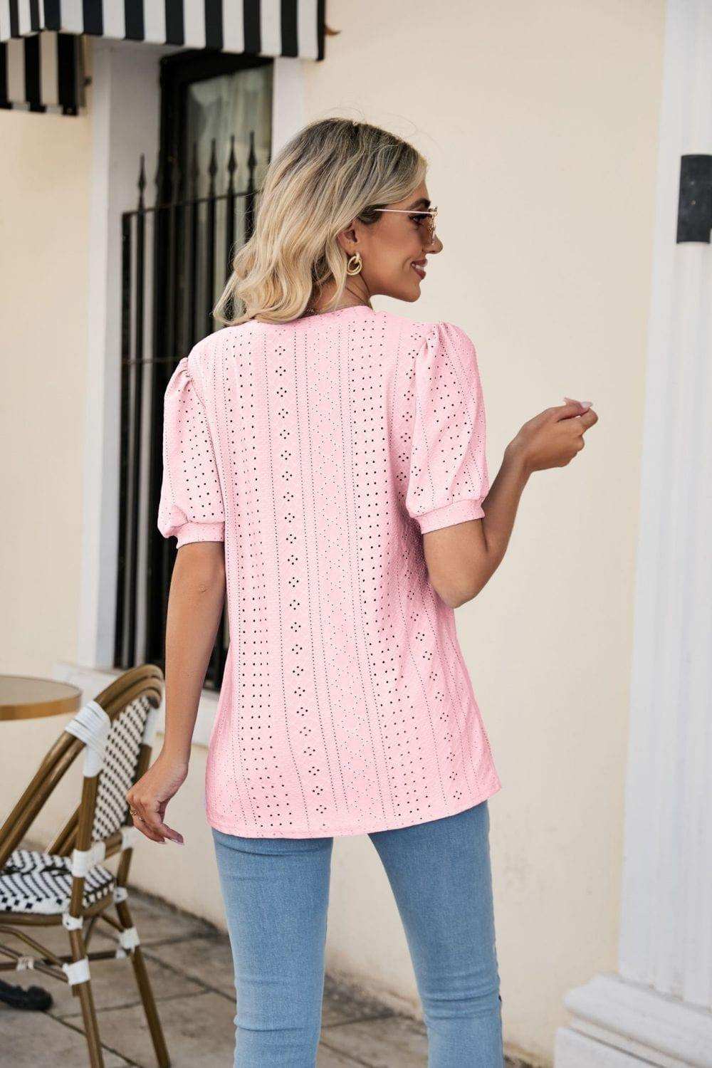 Eyelet Puff Sleeve V-Neck Top - Trendsi - Flyclothing LLC