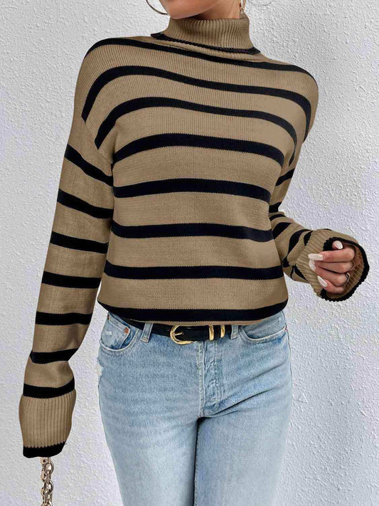 Striped Turtleneck Drop Shoulder Sweater - Trendsi - Flyclothing LLC