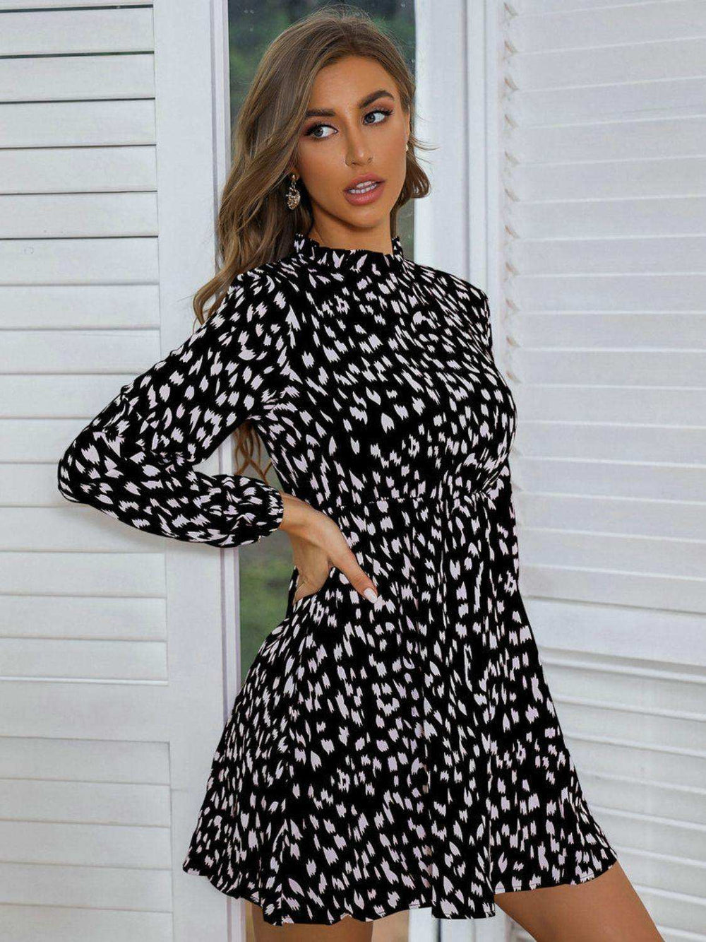 Printed Frill Neck Long Sleeve Dress - Trendsi - Flyclothing LLC