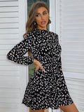 Printed Frill Neck Long Sleeve Dress - Trendsi