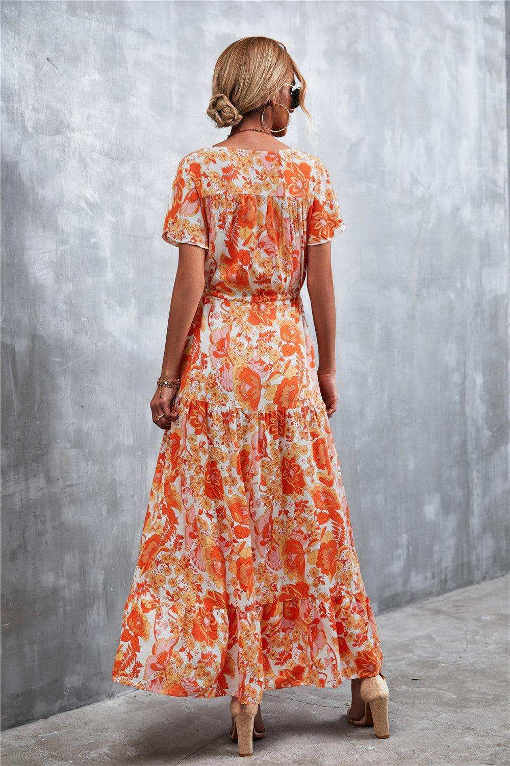 Floral Buttoned Drawstring Waist Tiered Dress - Trendsi - Flyclothing LLC