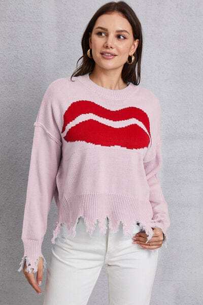 Lip Fringe Round Neck Sweater - Trendsi - Flyclothing LLC