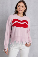 Lip Fringe Round Neck Sweater - Trendsi