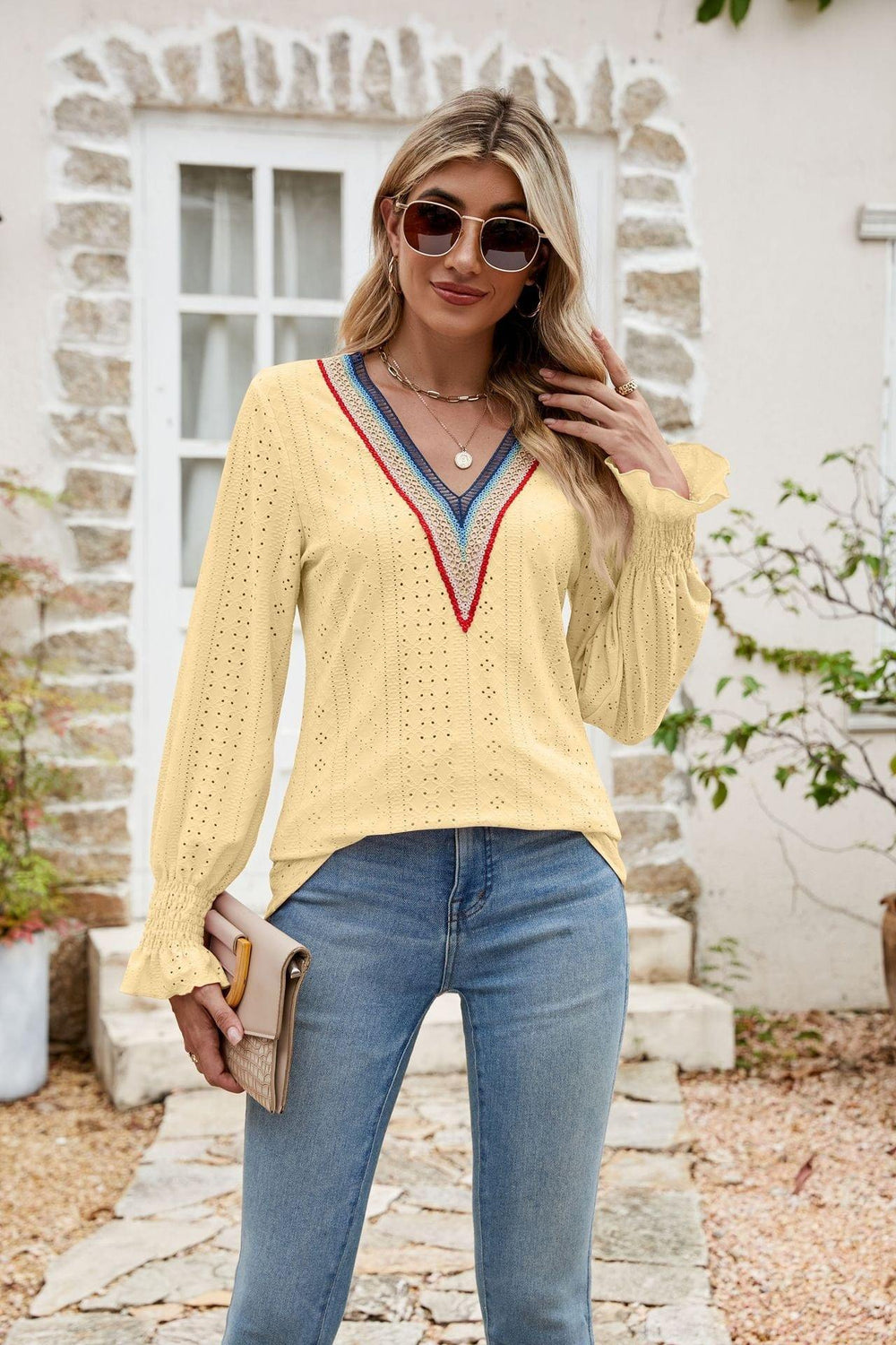 Eyelet Flounce Sleeve V-Neck Blouse - Trendsi