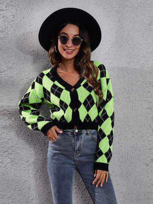 Geometric Button Up Long Sleeve Cardigan - Trendsi - Flyclothing LLC
