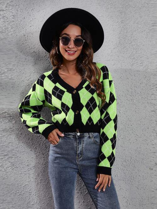 Geometric Button Up Long Sleeve Cardigan - Trendsi